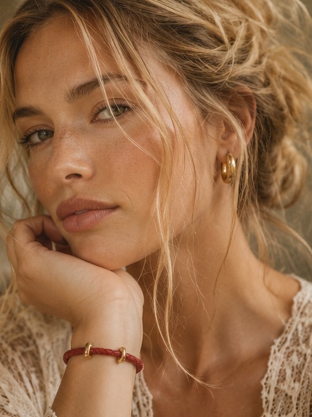 Gold Tone Red Braided Leather Bracelet